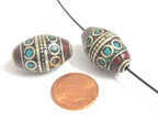 2 Beads -Tibetan Beads - nepalese beads - tibetan craft - Beautiful bicone shape Tibetan silver color turquoise inlaid beads - BD989