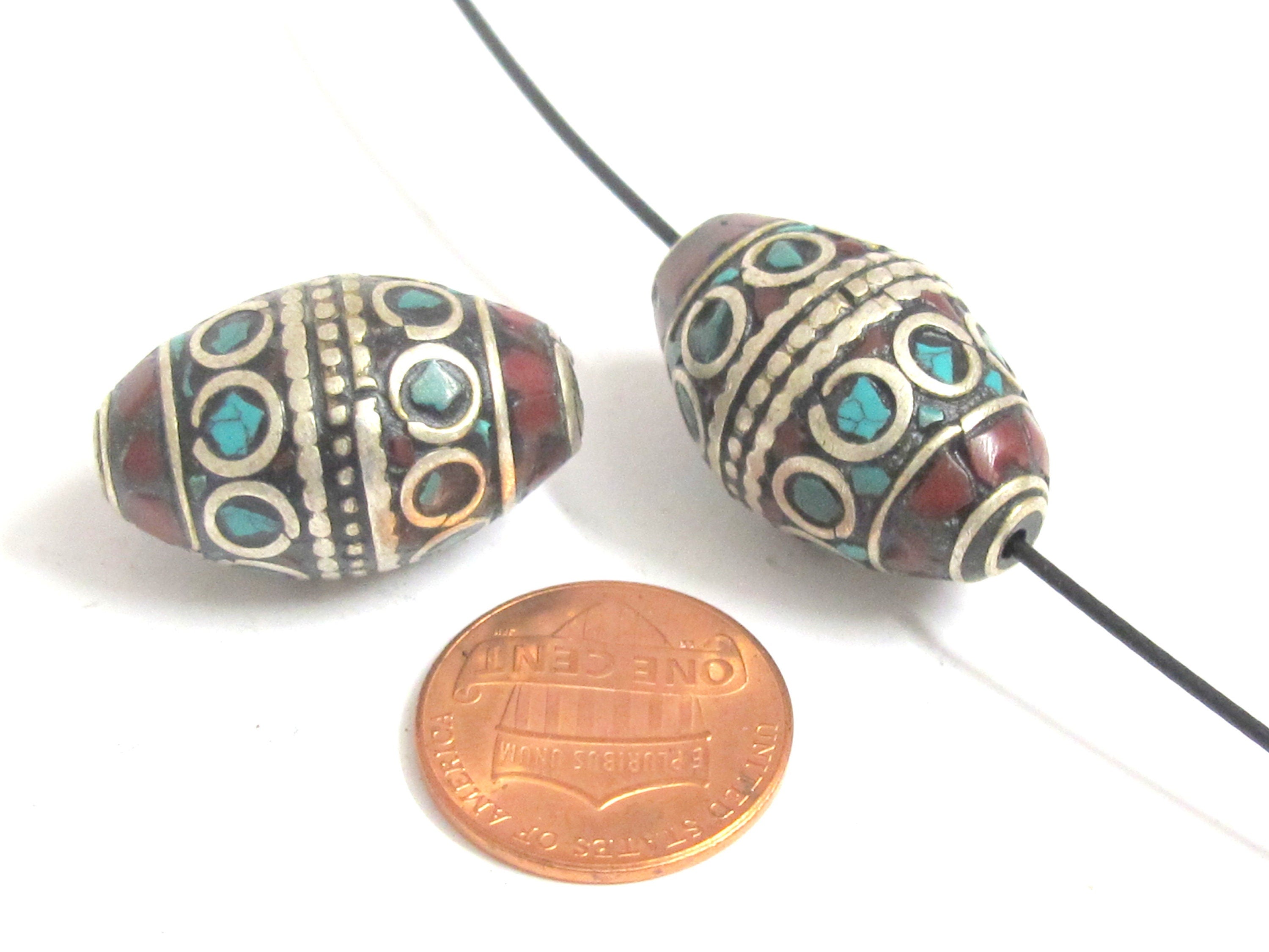 2 Beads -Tibetan Beads - nepalese beads - tibetan craft - Beautiful bicone shape Tibetan silver color turquoise inlaid beads - BD989