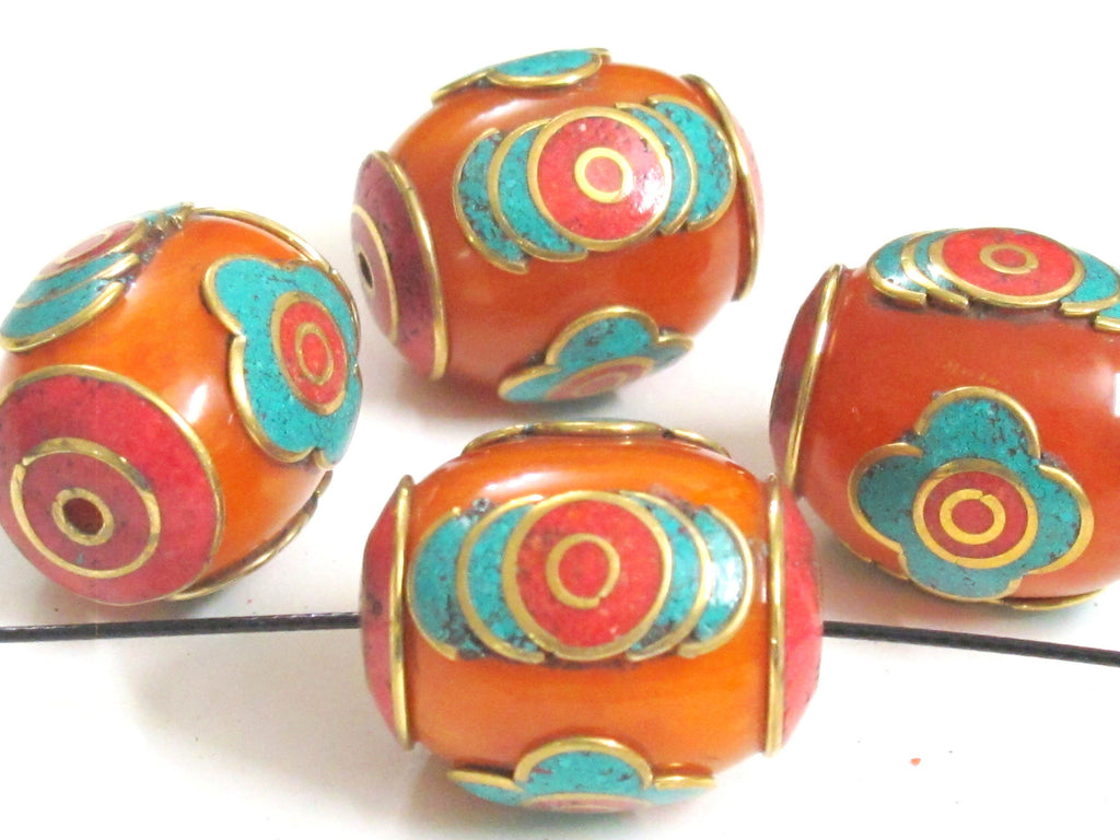 2 Beads - Large Tibetan copal resin bead with brass , turquoise and inlay - BD982A