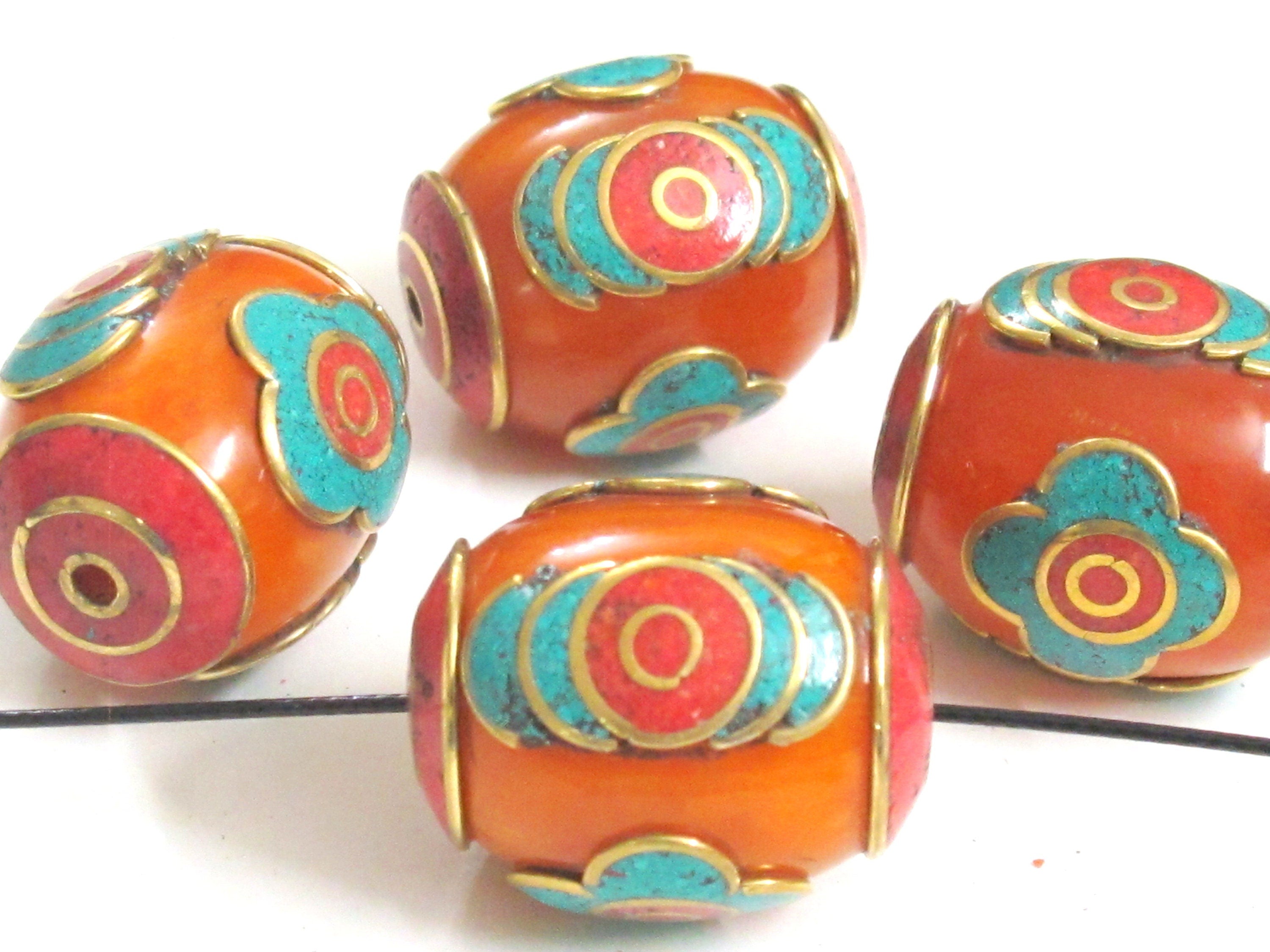 2 Beads - Large Tibetan copal resin bead with brass , turquoise and inlay - BD982A
