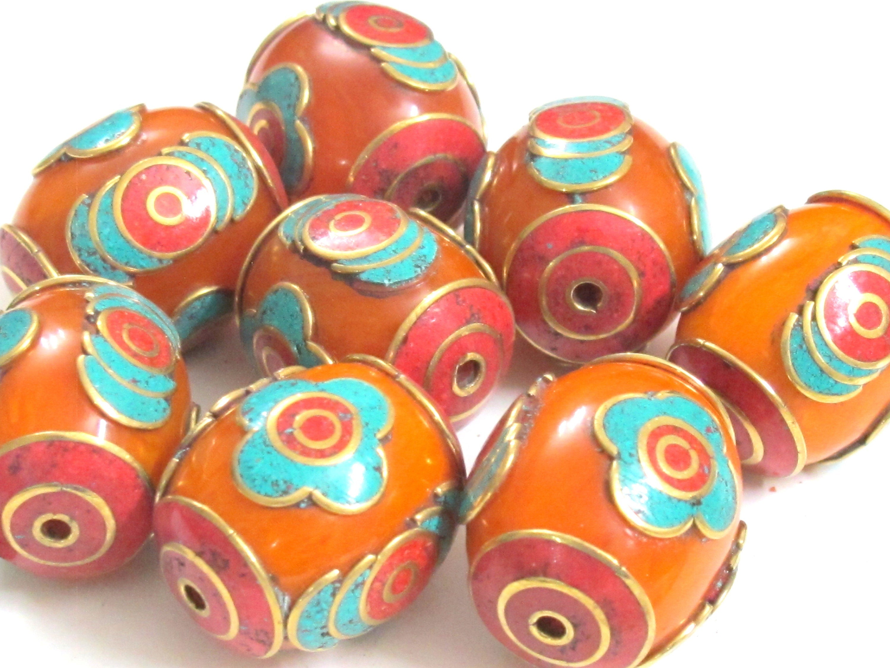 2 Beads - Large Tibetan copal resin bead with brass , turquoise and inlay - BD982A