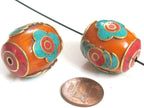 2 Beads - Large Tibetan copal resin bead with brass , turquoise and inlay - BD982A