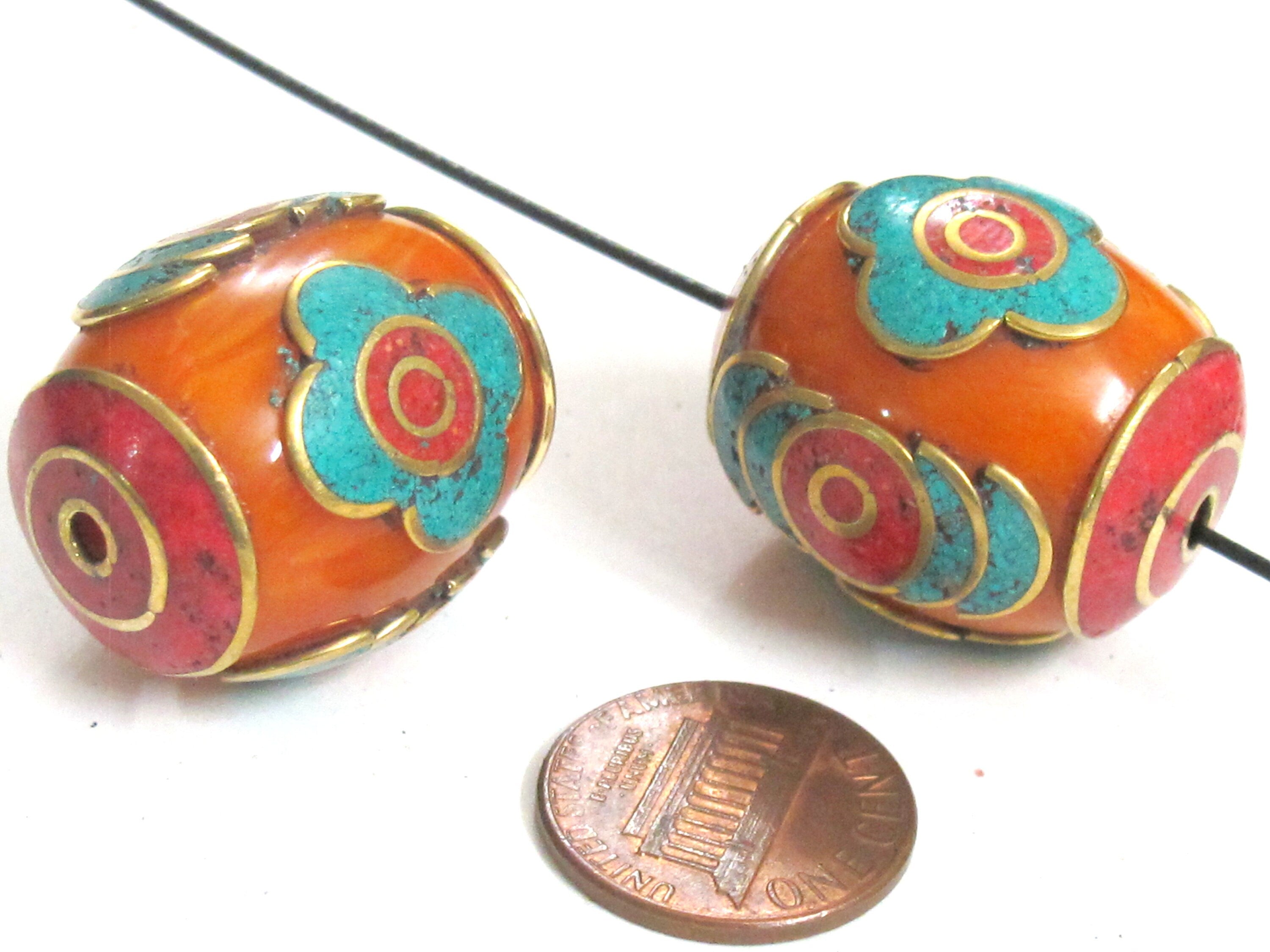 2 Beads - Large Tibetan copal resin bead with brass , turquoise and inlay - BD982A