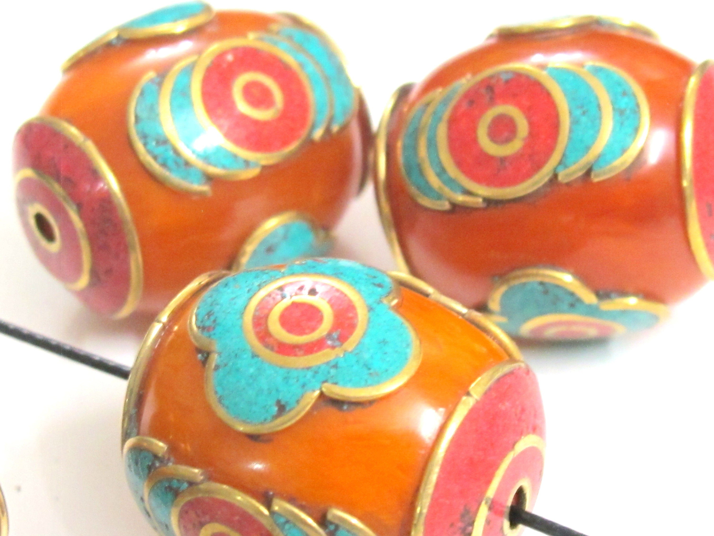 2 Beads - Large Tibetan copal resin bead with brass , turquoise and inlay - BD982A