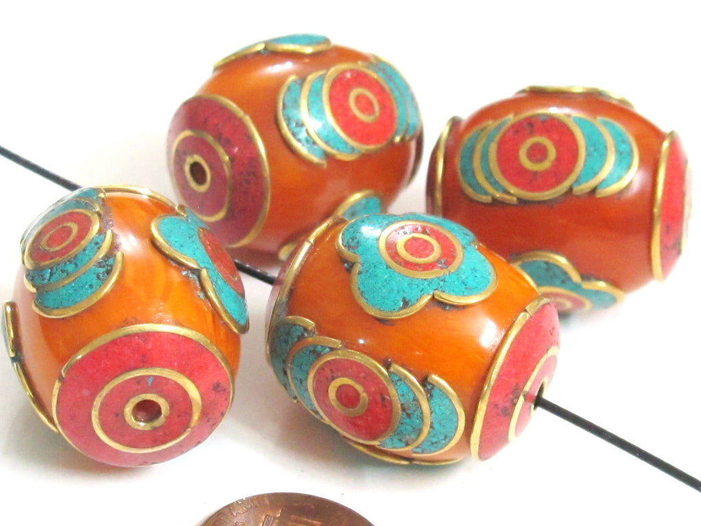 2 Beads - Large Tibetan copal resin bead with brass , turquoise and inlay - BD982A