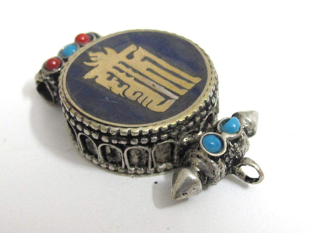 1 pendant - Tibetan antiqued silver finish Lapis brass inlaid Ghau prayer box kalachakra mantra pendant Nepal - PM527K