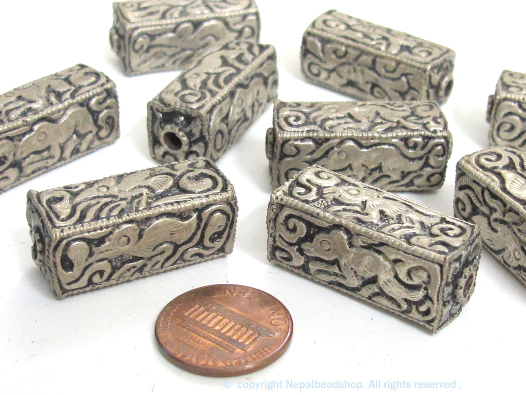 4 Beads - Tibetan antiqued silver color finish repousse animal bird floral mix carving rectangle cube shape beads - BD957K