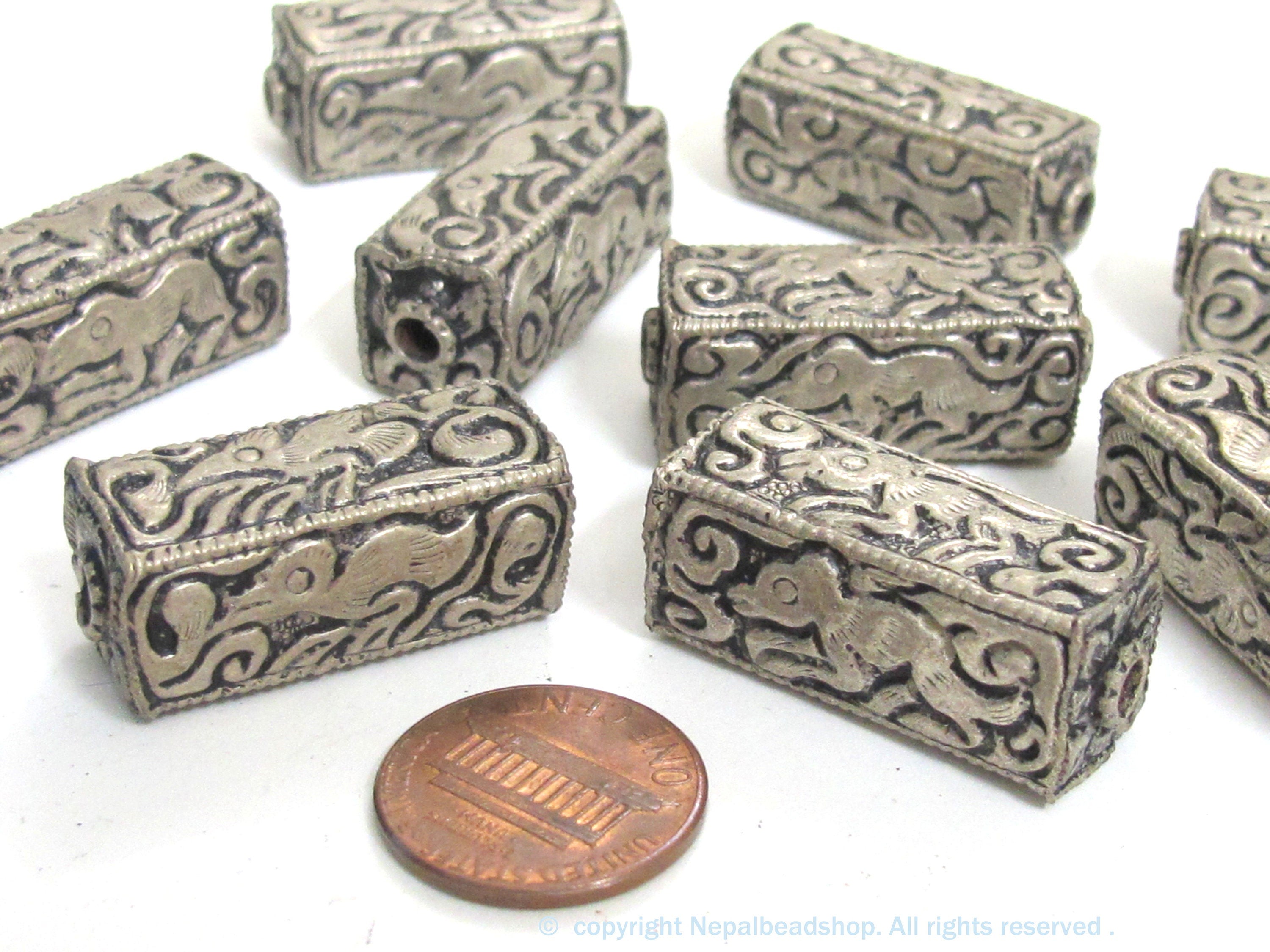 4 Beads - Tibetan antiqued silver color finish repousse animal bird floral mix carving rectangle cube shape beads - BD957K