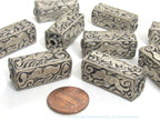 4 Beads - Tibetan antiqued silver color finish repousse animal bird floral mix carving rectangle cube shape beads - BD957K