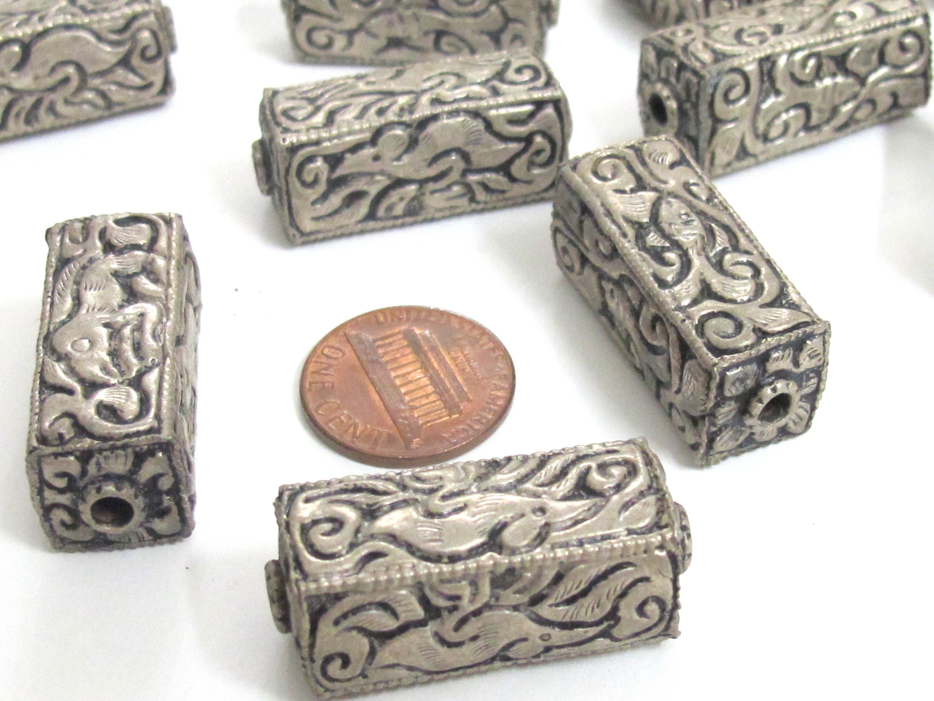 4 Beads - Tibetan antiqued silver color finish repousse animal bird floral mix carving rectangle cube shape beads - BD957K