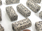 4 Beads - Tibetan antiqued silver color finish repousse animal bird floral mix carving rectangle cube shape beads - BD957K