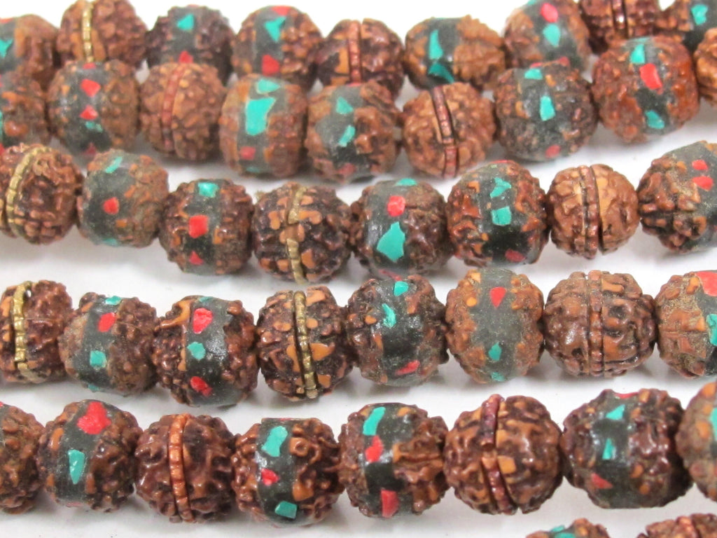 10 beads - 9-10 mm rudraksha mala beads with turquoise brass inlay - mala making supply - ML012K