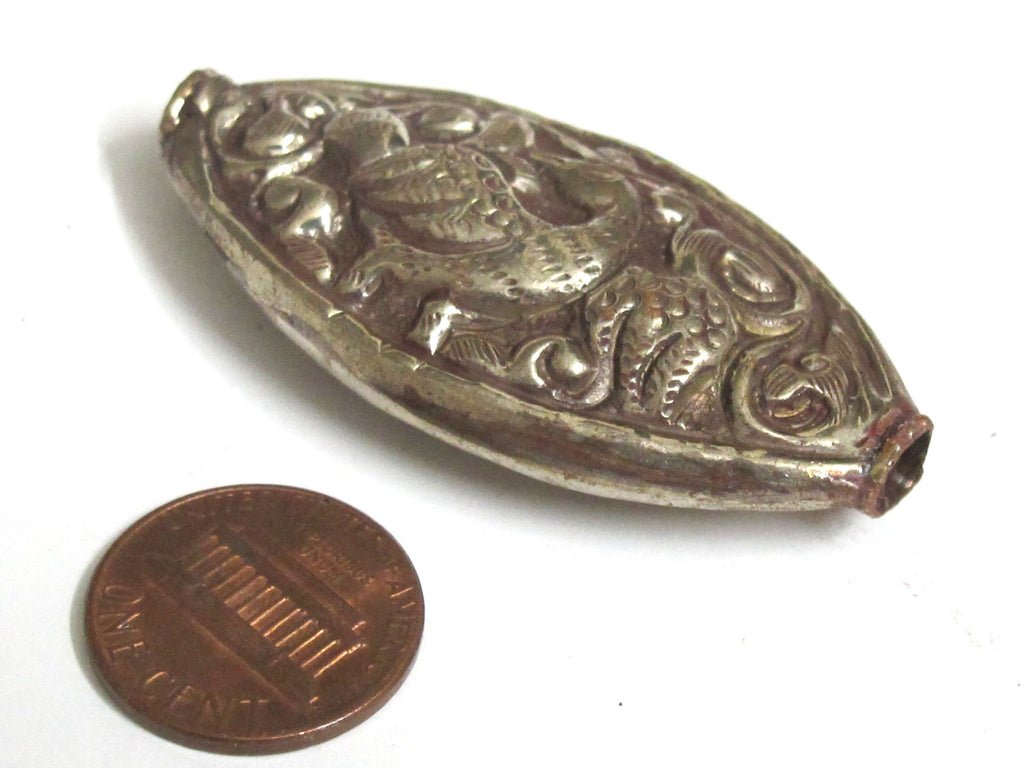 1 Bead - Dual sided large size Tibetan antiqued silver finish eagle phoenix bird carving repousse bead from Nepal - BD248K