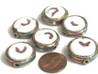 1 Bead - Round disc shape Tibetan brass encased tribal naga conch shell focal bead with turquoise inlay - CH075