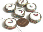 1 Bead - Round disc shape Tibetan brass encased tribal naga conch shell focal bead with turquoise inlay - CH075
