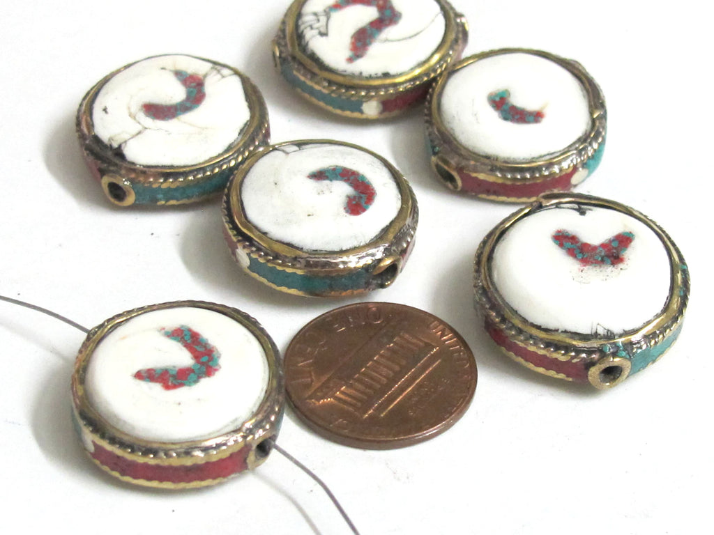 1 Bead - Round disc shape Tibetan brass encased tribal naga conch shell focal bead with turquoise inlay - CH075