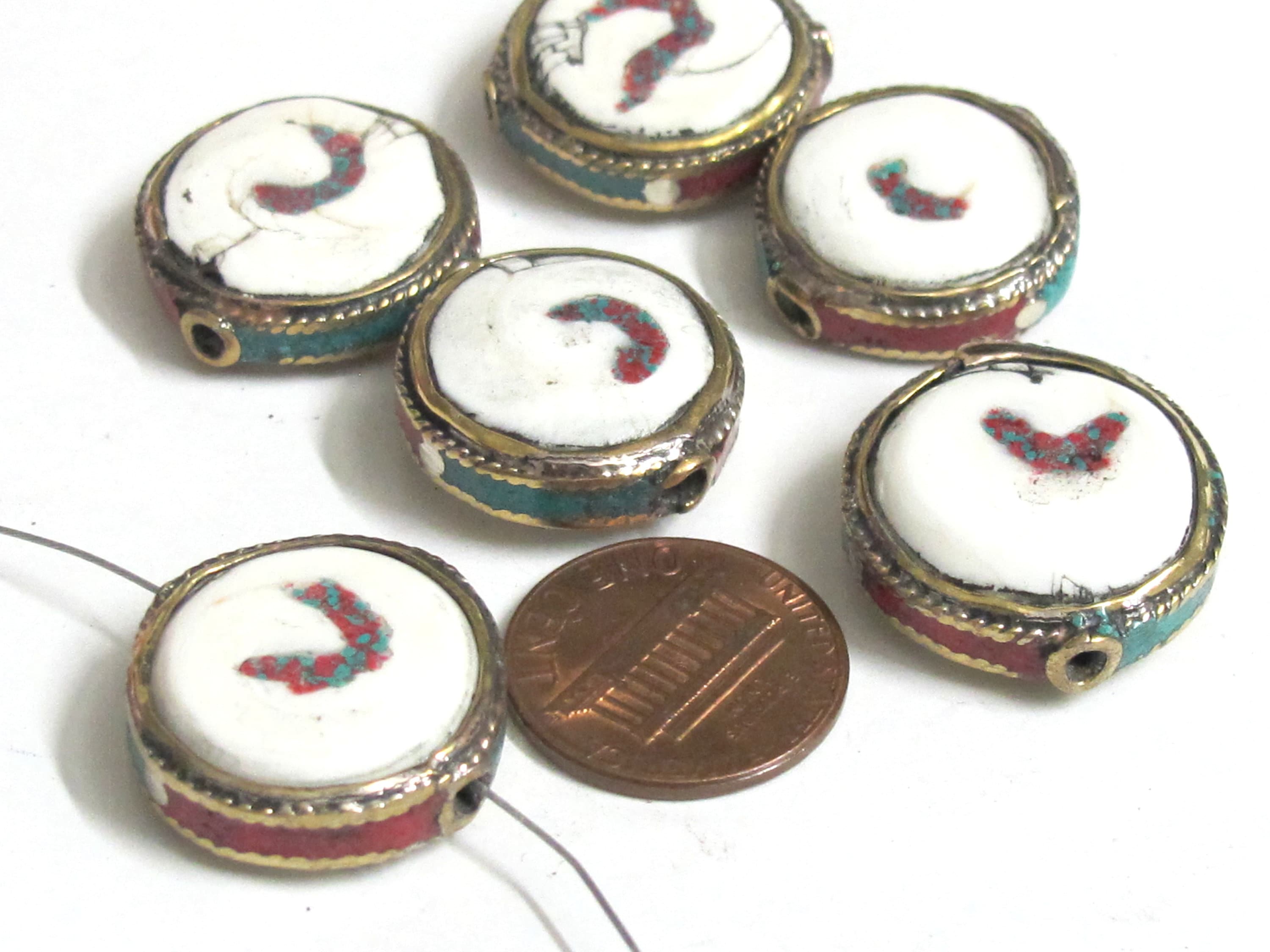 1 Bead - Round disc shape Tibetan brass encased tribal naga conch shell focal bead with turquoise inlay - CH075