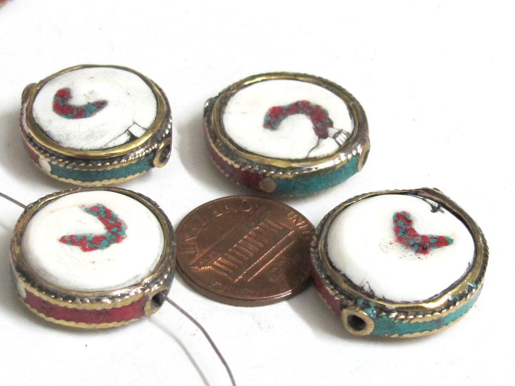 1 Bead - Round disc shape Tibetan brass encased tribal naga conch shell focal bead with turquoise inlay - CH075