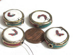 1 Bead - Round disc shape Tibetan brass encased tribal naga conch shell focal bead with turquoise inlay - CH075