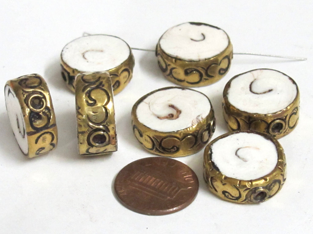 2 Beads- Round disc shape Tibetan brass encased tribal naga conch shell focal bead 18 -20 mm wide - CH076s