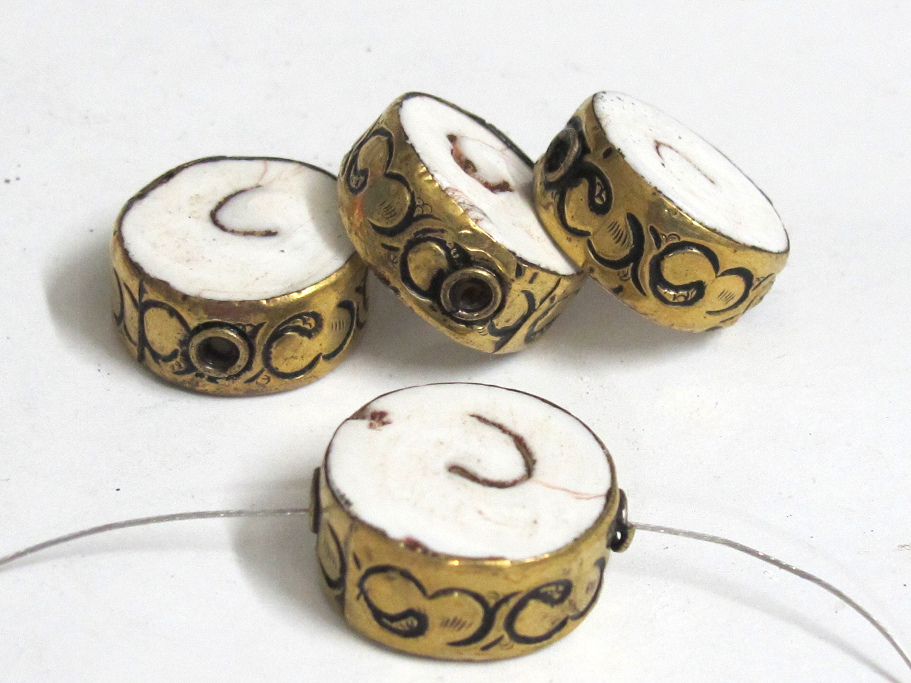 2 Beads- Round disc shape Tibetan brass encased tribal naga conch shell focal bead 18 -20 mm wide - CH076s