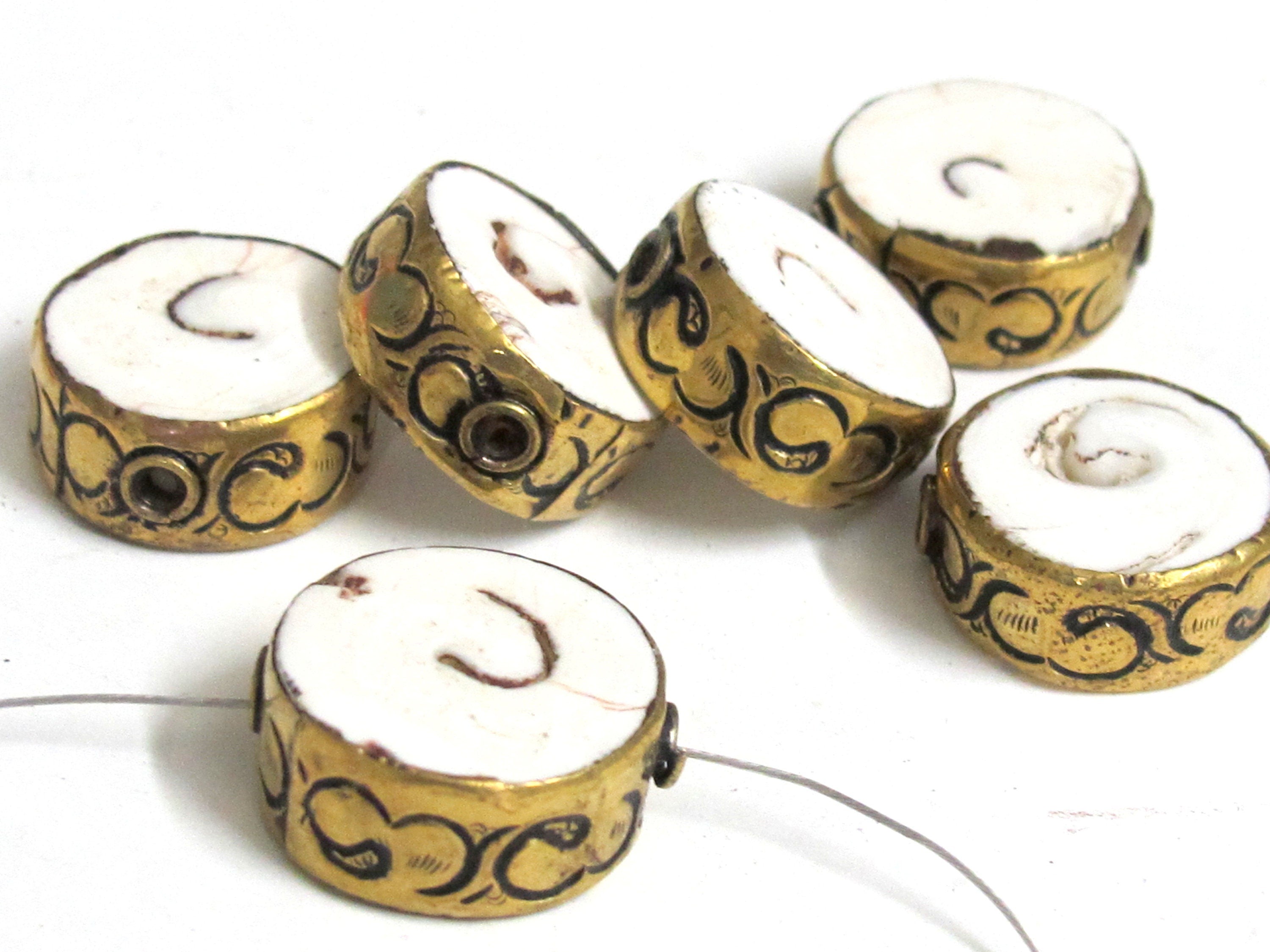 2 Beads- Round disc shape Tibetan brass encased tribal naga conch shell focal bead 18 -20 mm wide - CH076s
