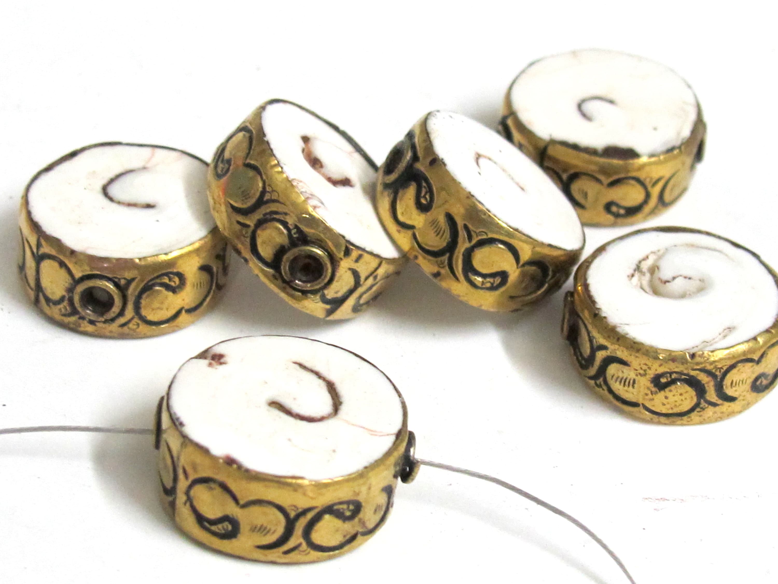 2 Beads- Round disc shape Tibetan brass encased tribal naga conch shell focal bead 18 -20 mm wide - CH076s