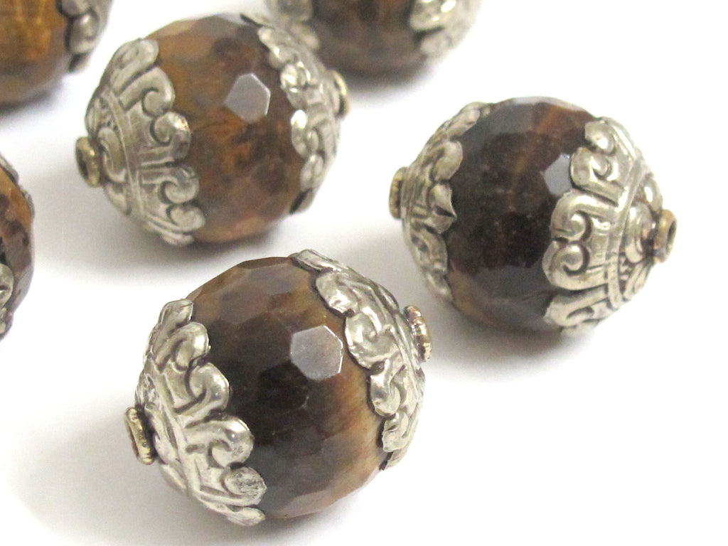 2 BEADS - Large thick Tibetan silver capped faceted Tigers eye gemstone bead 20 mm x 24mm - BD578K
