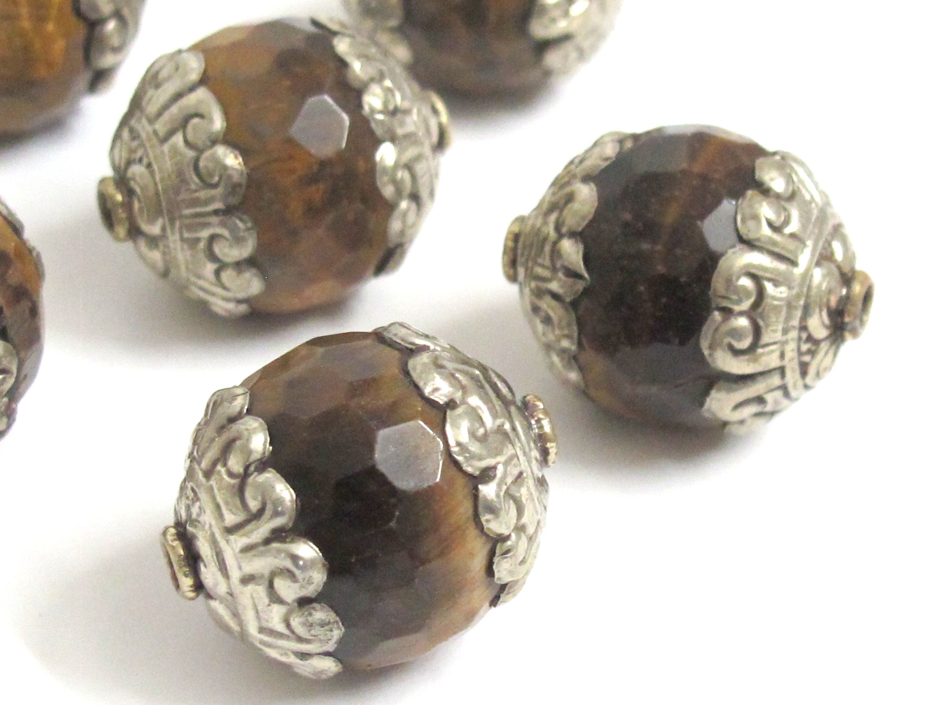 2 BEADS - Large thick Tibetan silver capped faceted Tigers eye gemstone bead 20 mm x 24mm - BD578K