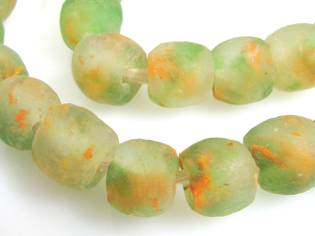 10 BEADS - African beads african recycled glass beads green orange color - AB072