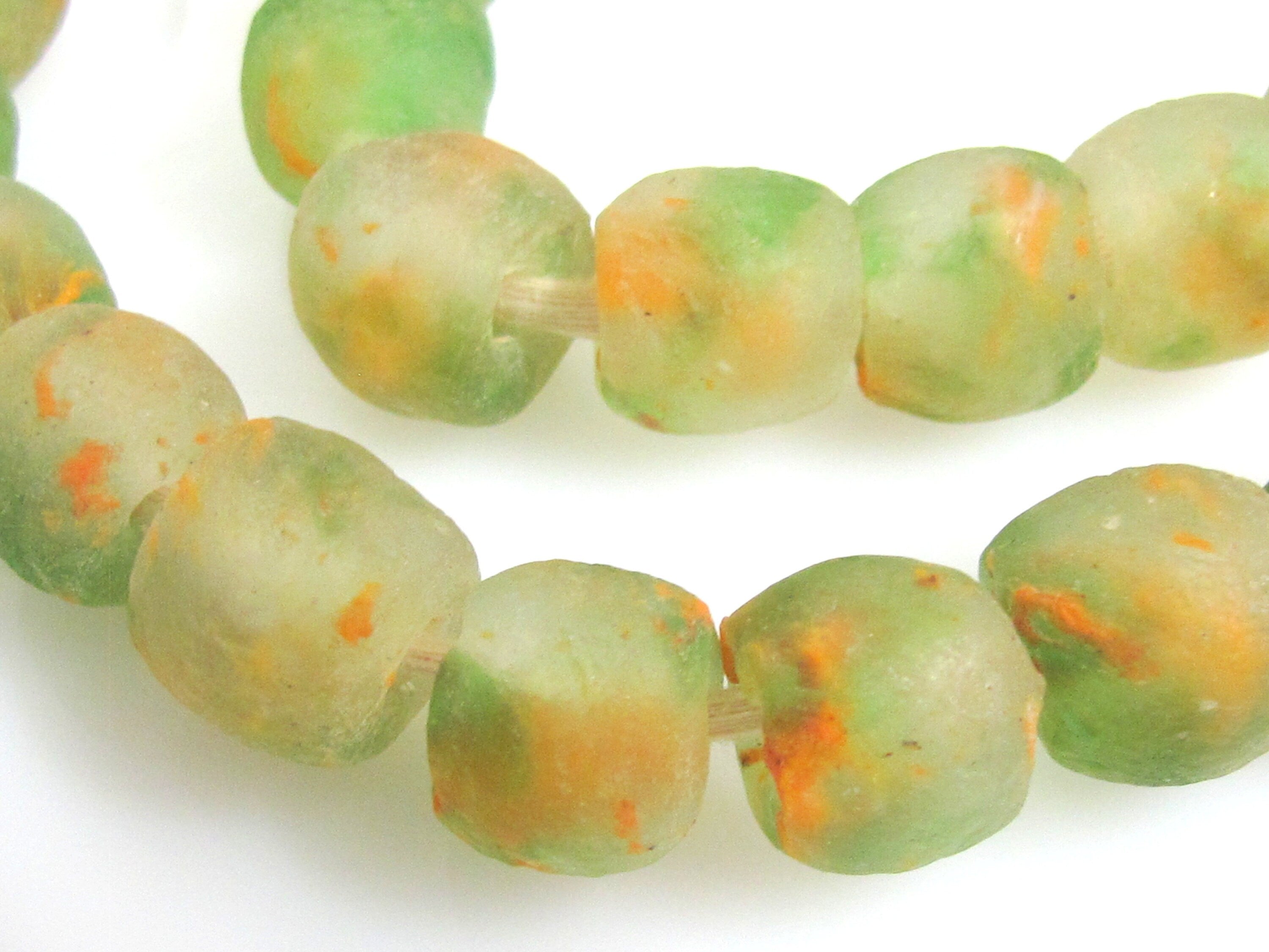 10 BEADS - African beads african recycled glass beads green orange color - AB072