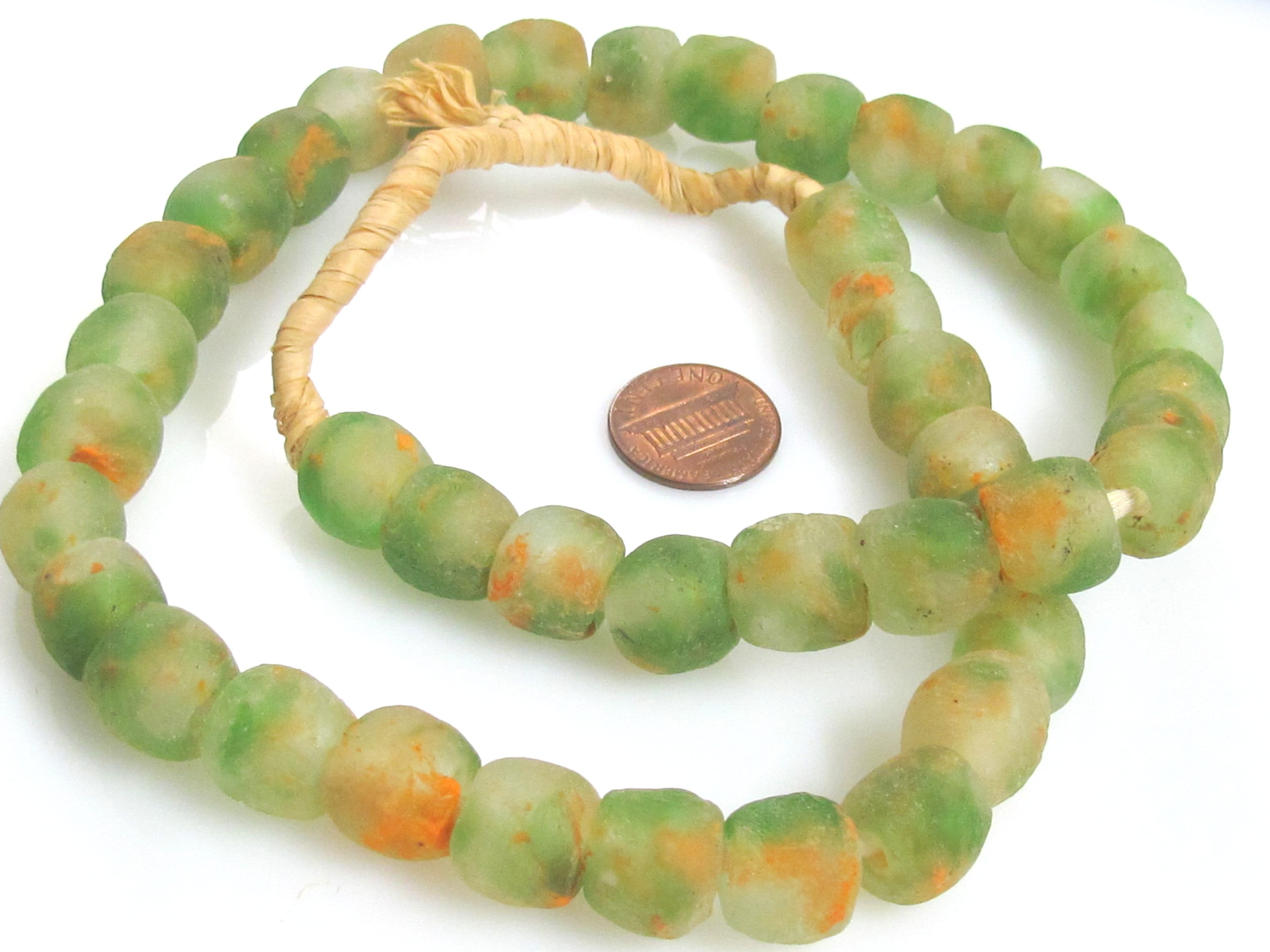 10 BEADS - African beads african recycled glass beads green orange color - AB072