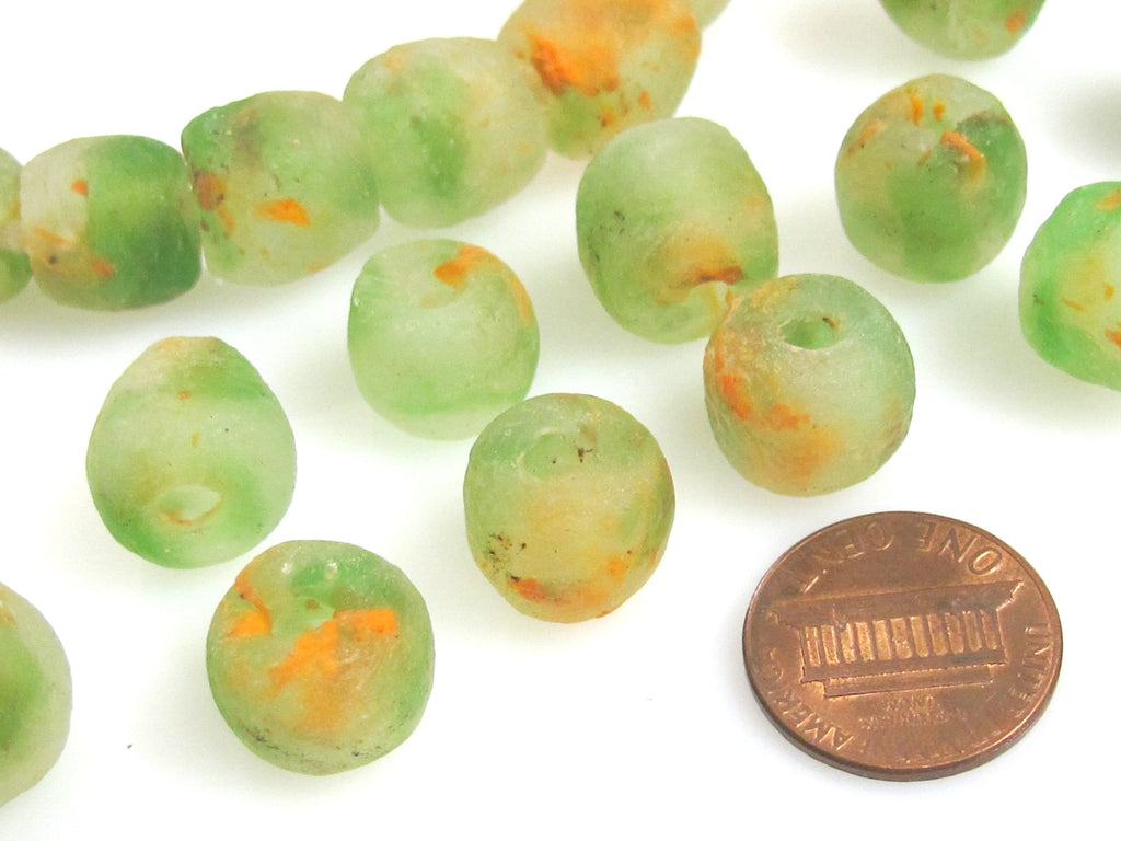 10 BEADS - African beads african recycled glass beads green orange color - AB072