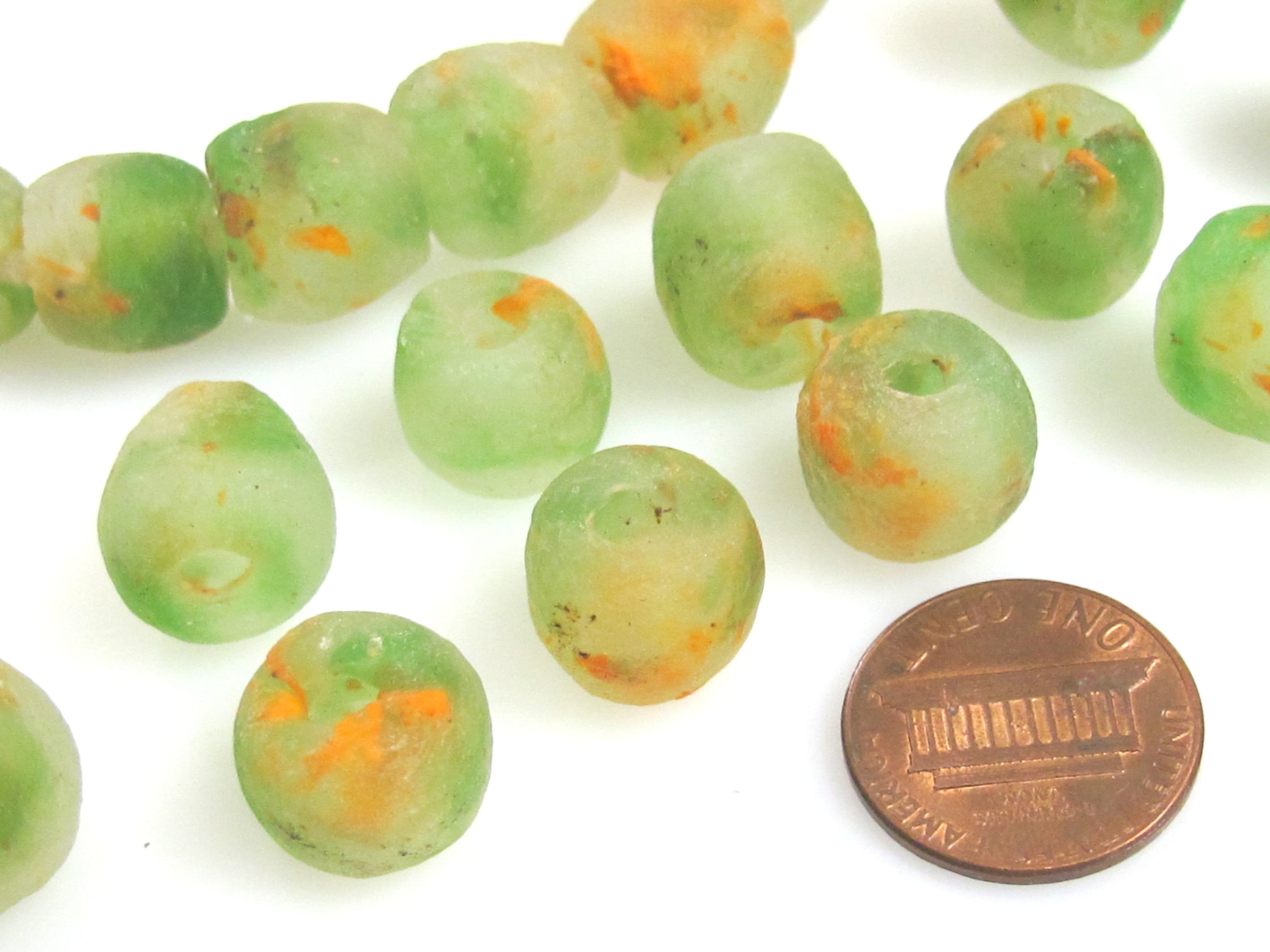 10 BEADS - African beads african recycled glass beads green orange color - AB072