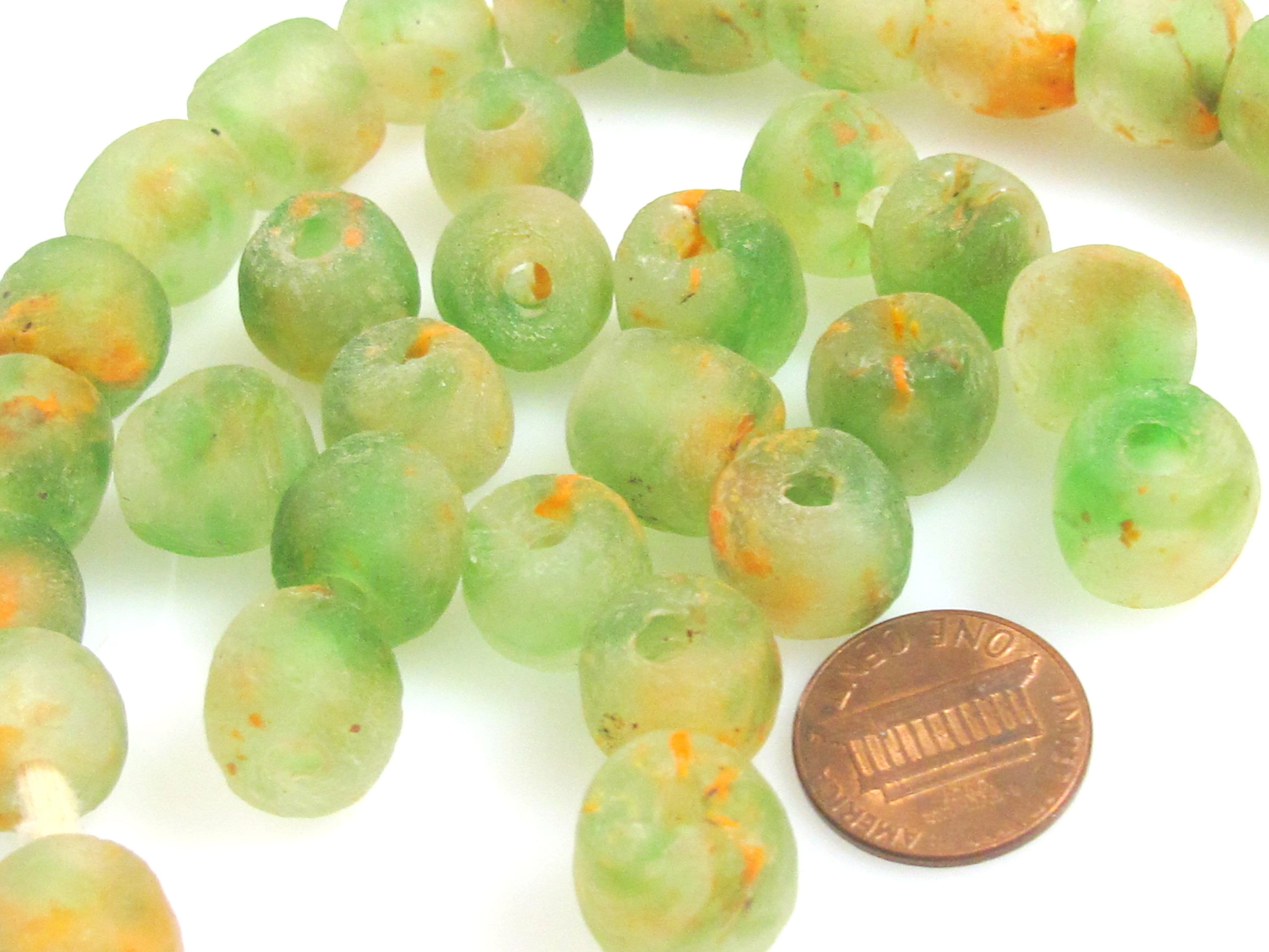 10 BEADS - African beads african recycled glass beads green orange color - AB072