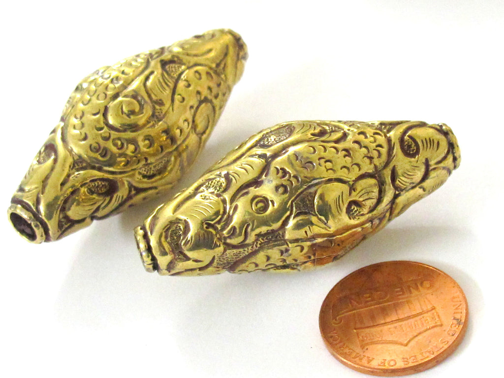 1 BEAD - Tibetan Large big bicone shape 44 mm Tibetan brass repousse dragon snake design beads Nepal - BD350K