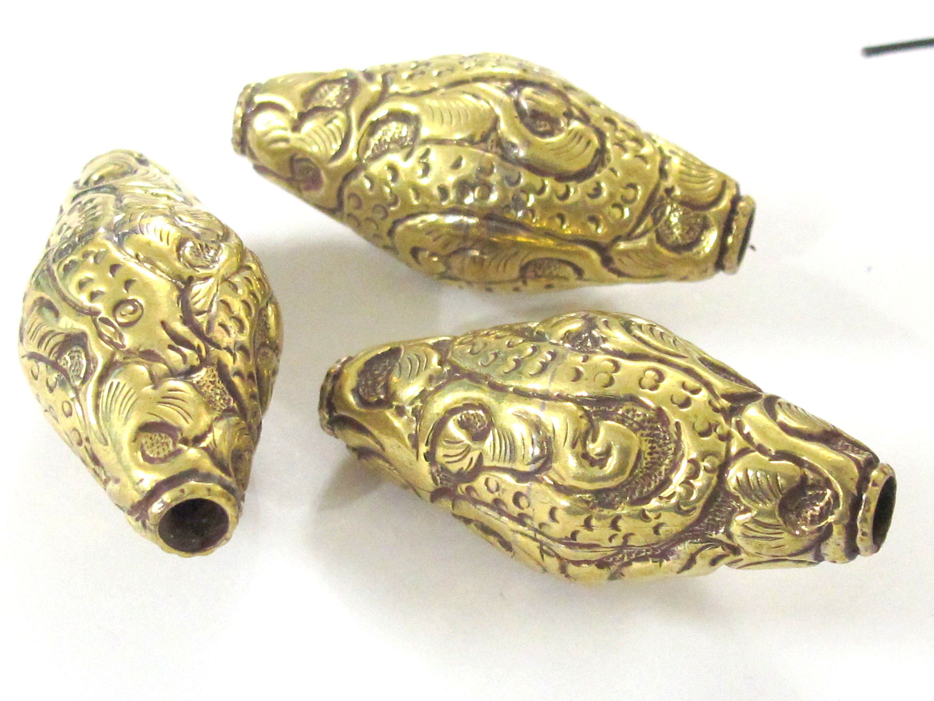 1 BEAD - Tibetan Large big bicone shape 44 mm Tibetan brass repousse dragon snake design beads Nepal - BD350K