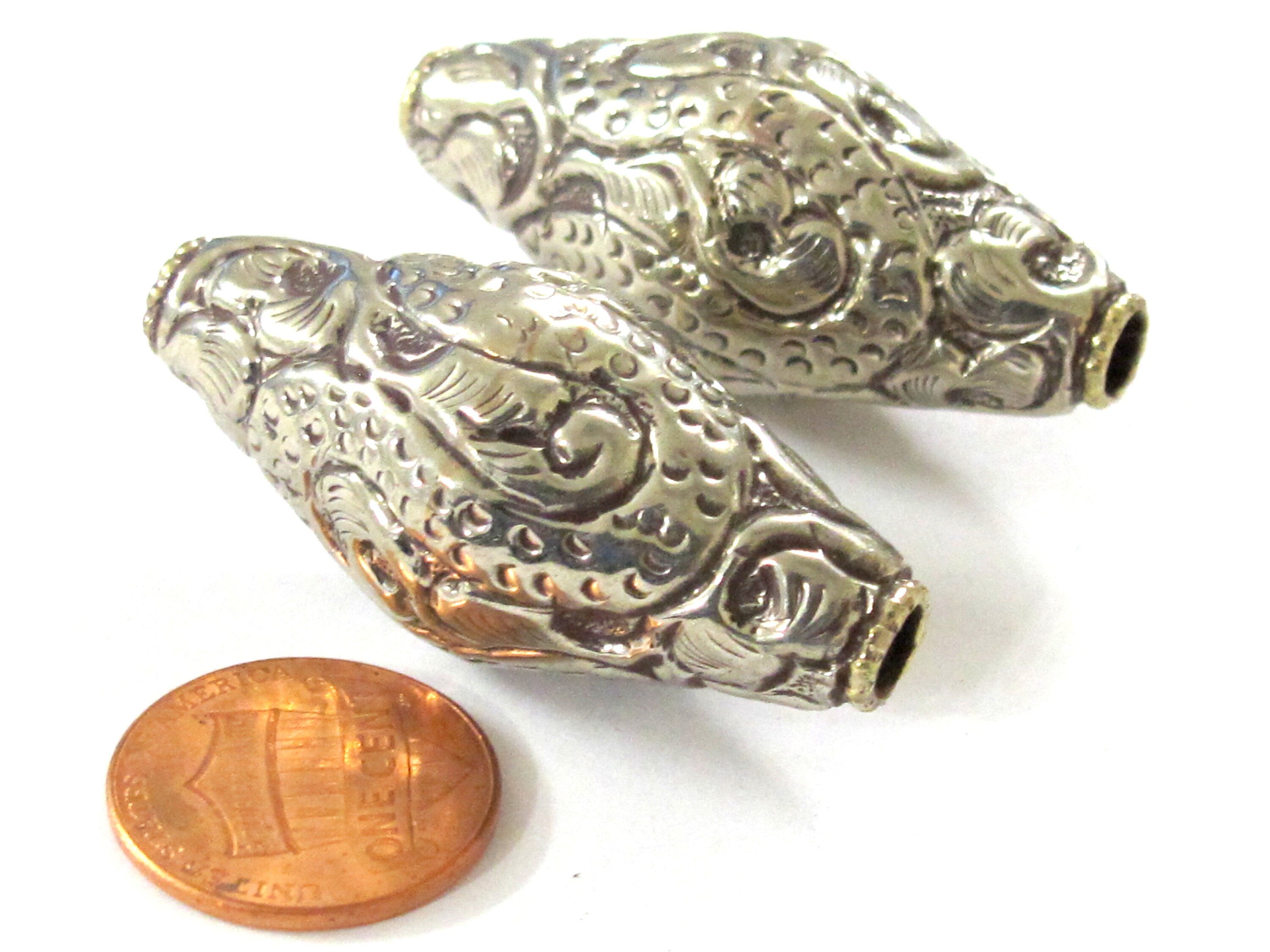 1 BEAD - Tibetan silver finish large bicone shape 44 mm repousse dragon snake design beads Nepal - BD350M