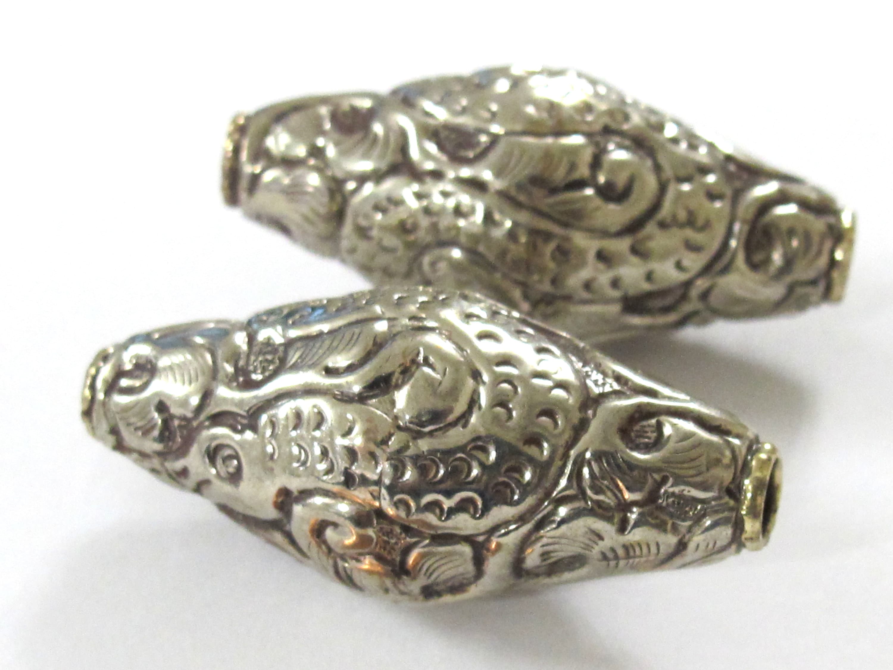 1 BEAD - Tibetan silver finish large bicone shape 44 mm repousse dragon snake design beads Nepal - BD350M