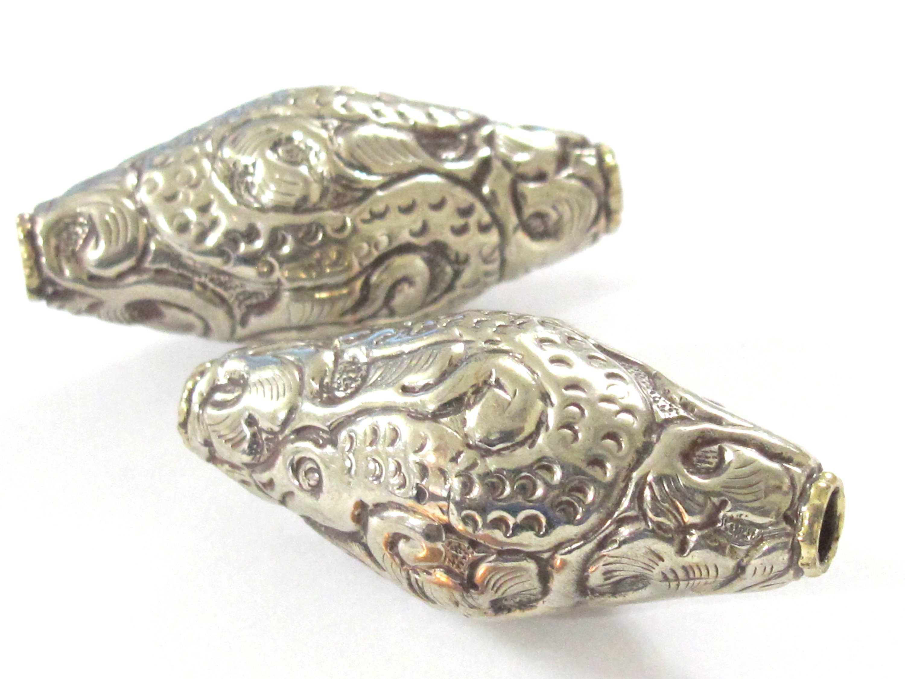 1 BEAD - Tibetan silver finish large bicone shape 44 mm repousse dragon snake design beads Nepal - BD350M