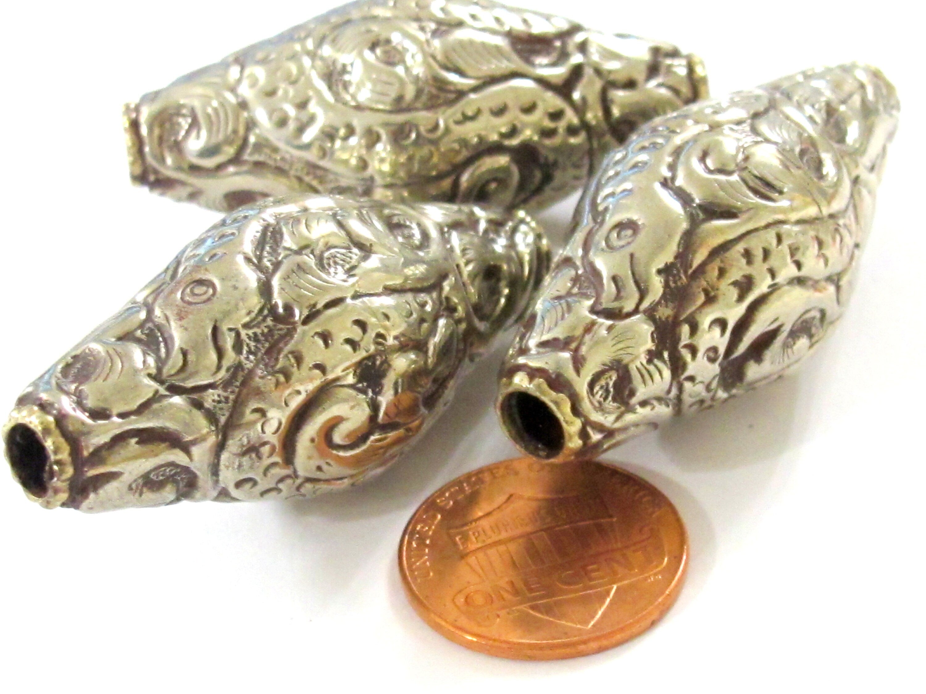 1 BEAD - Tibetan silver finish large bicone shape 44 mm repousse dragon snake design beads Nepal - BD350M