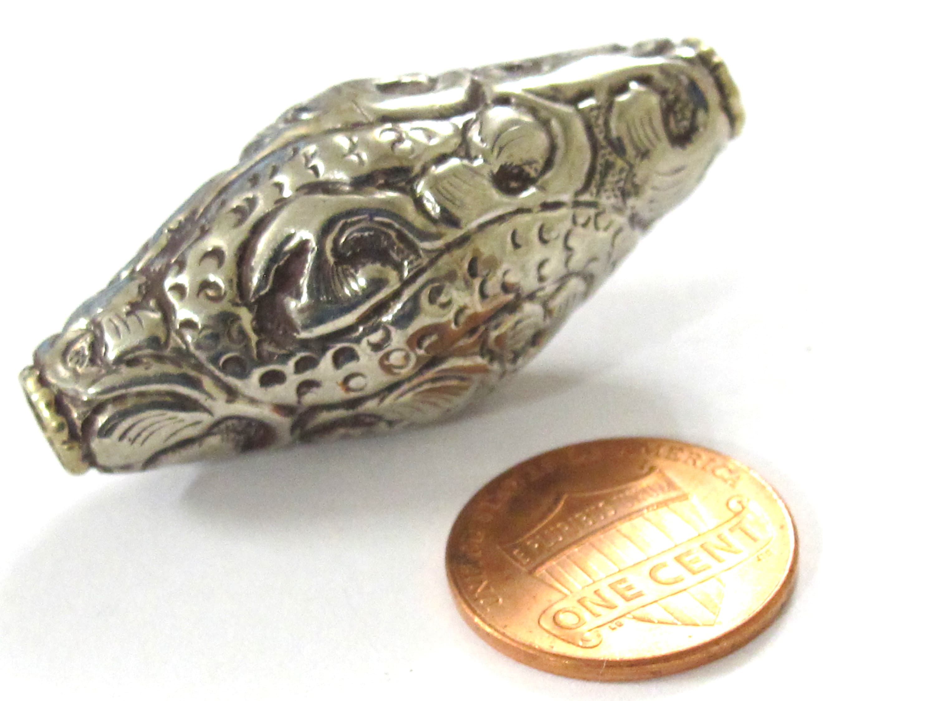 1 BEAD - Tibetan silver finish large bicone shape 44 mm repousse dragon snake design beads Nepal - BD350M