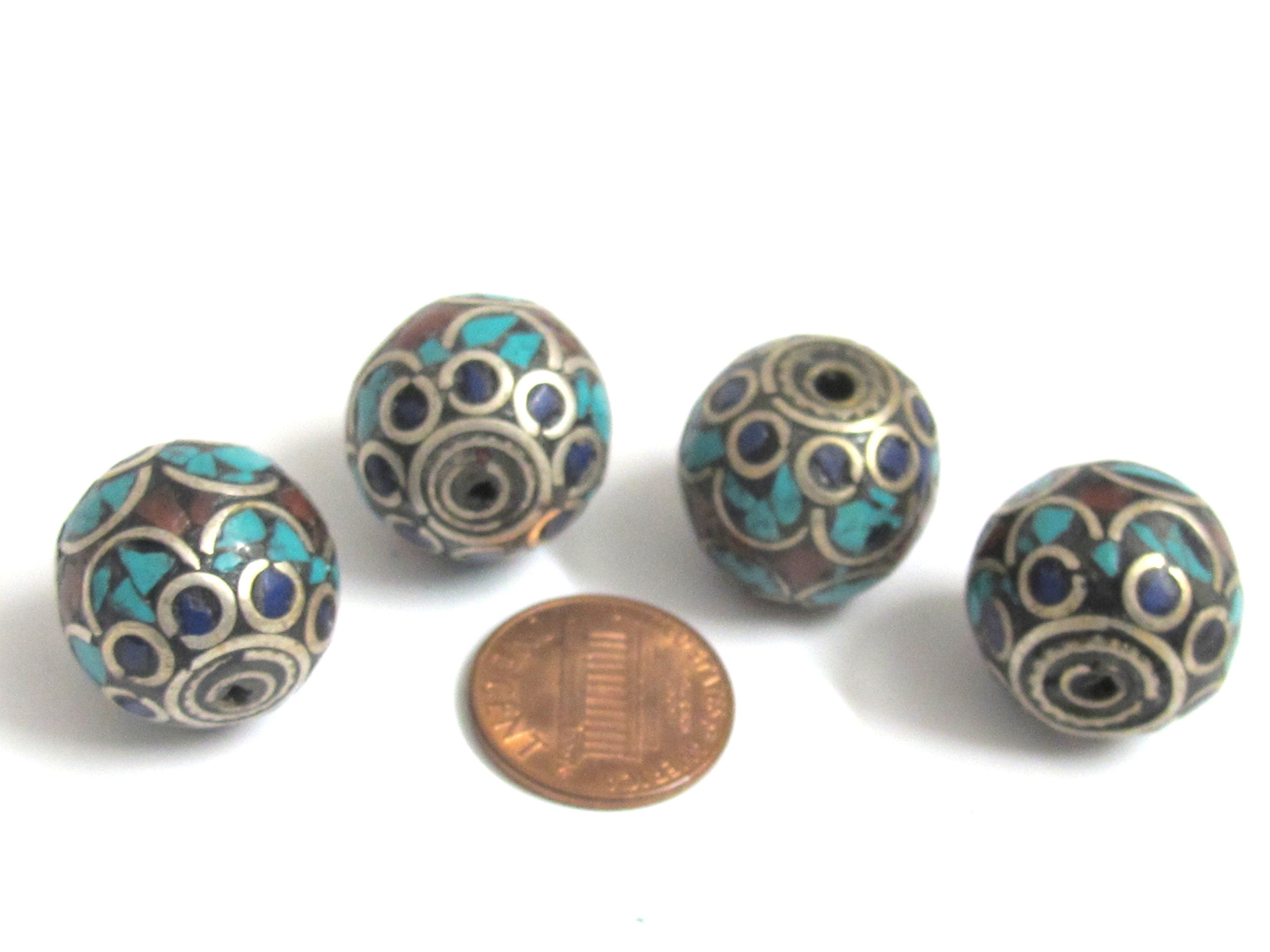 2 Beads - Large thick 20 mm oval ball shape Tibetan silver color turquoise lapis coral inlaid beads from Nepal - BD986