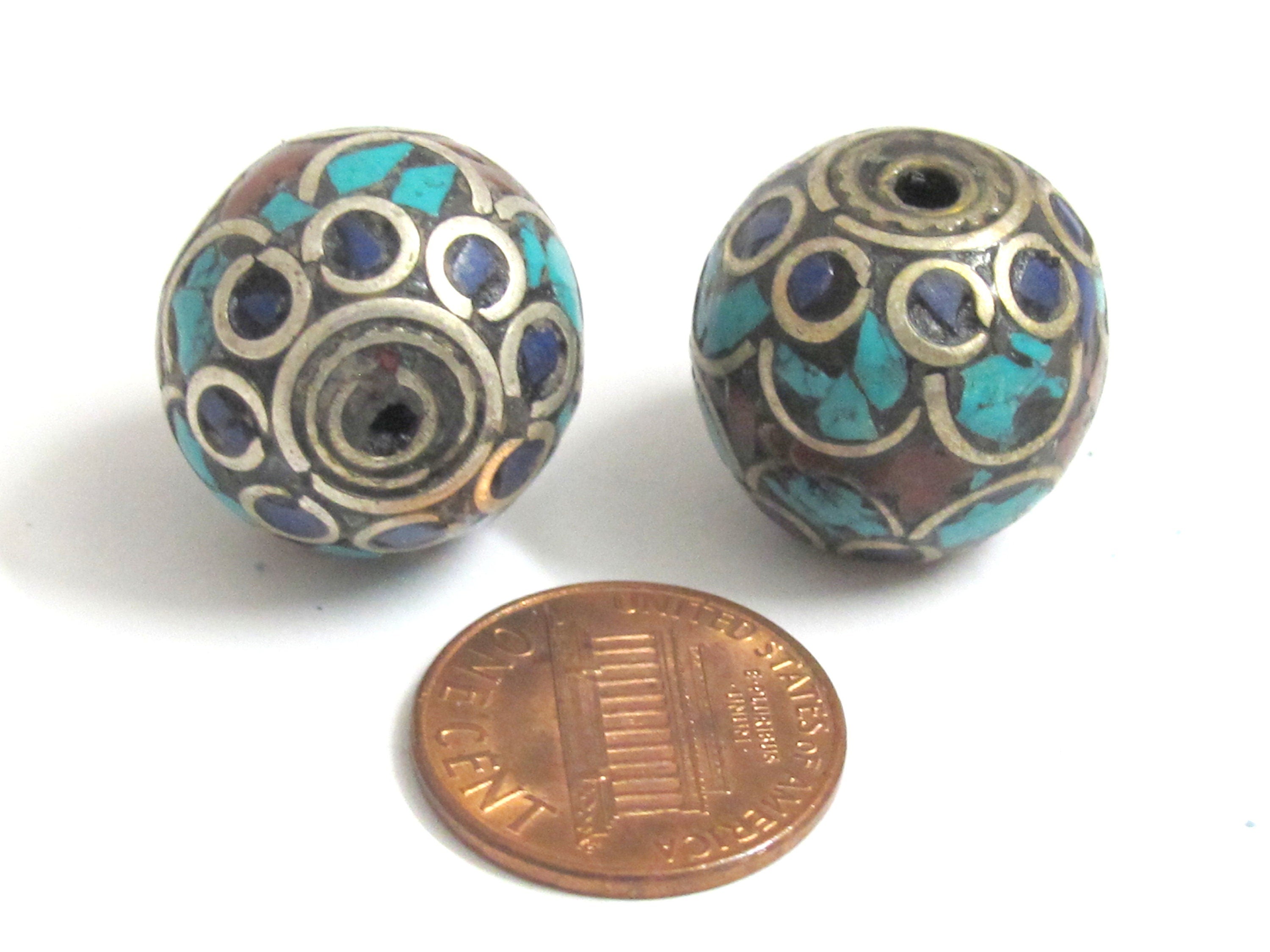 2 Beads - Large thick 20 mm oval ball shape Tibetan silver color turquoise lapis coral inlaid beads from Nepal - BD986