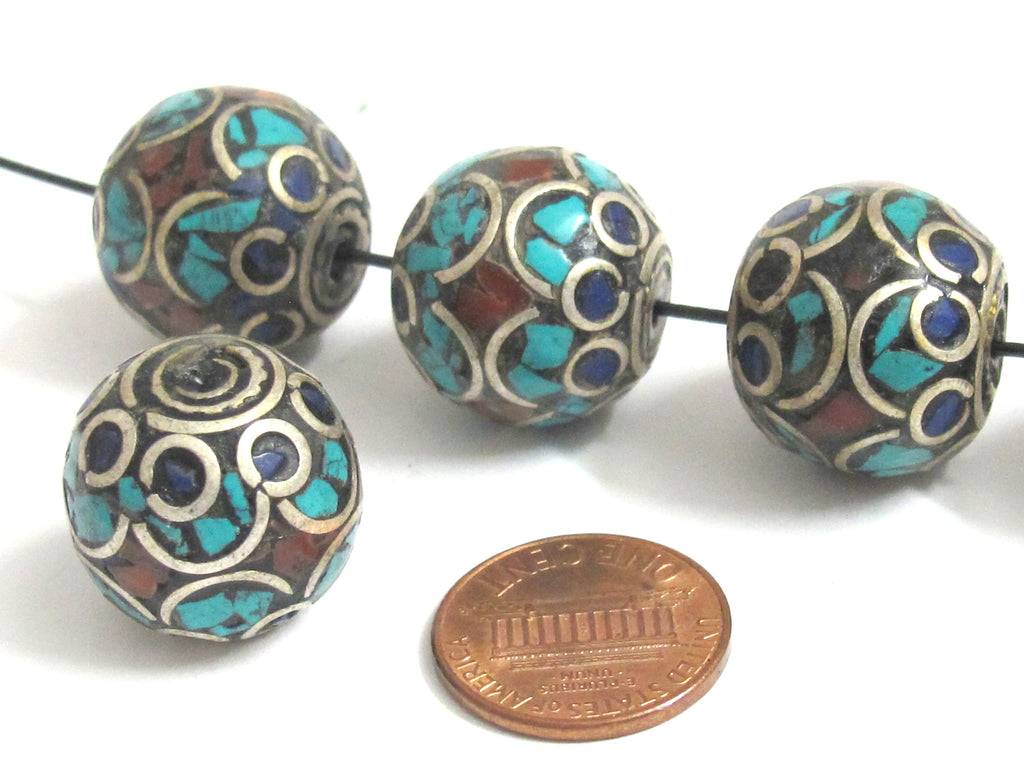 2 Beads - Large thick 20 mm oval ball shape Tibetan silver color turquoise lapis coral inlaid beads from Nepal - BD986