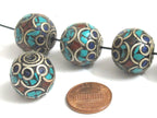 2 Beads - Large thick 20 mm oval ball shape Tibetan silver color turquoise lapis coral inlaid beads from Nepal - BD986