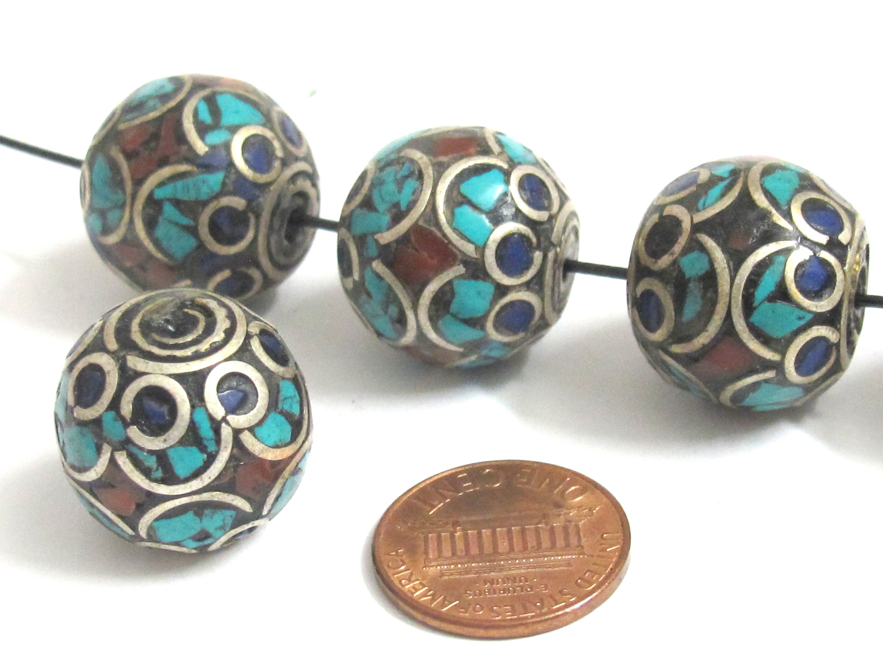 2 Beads - Large thick 20 mm oval ball shape Tibetan silver color turquoise lapis coral inlaid beads from Nepal - BD986