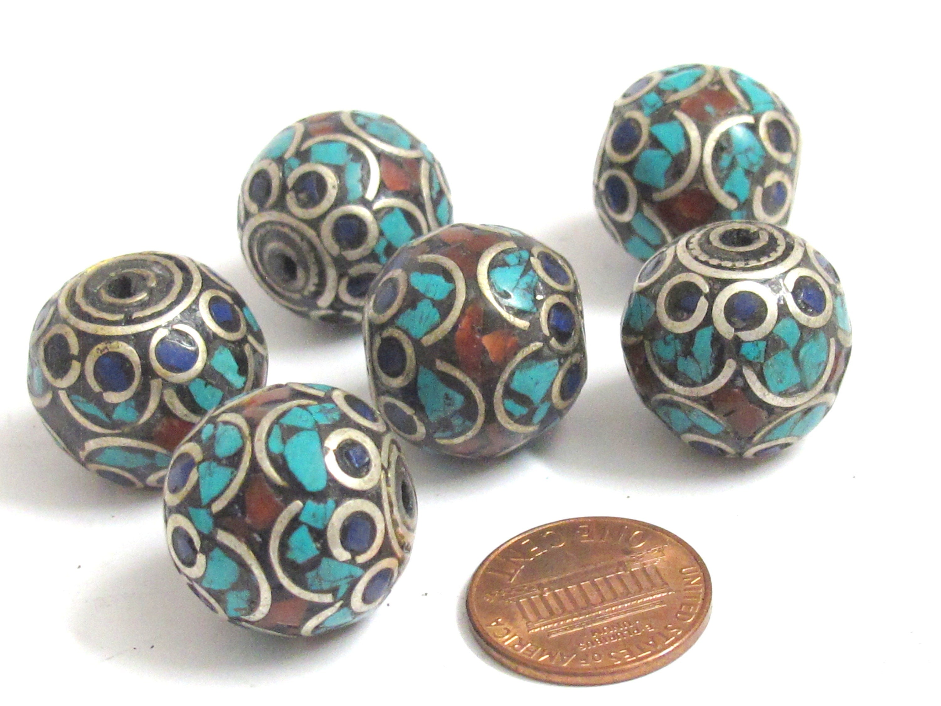 2 Beads - Large thick 20 mm oval ball shape Tibetan silver color turquoise lapis coral inlaid beads from Nepal - BD986