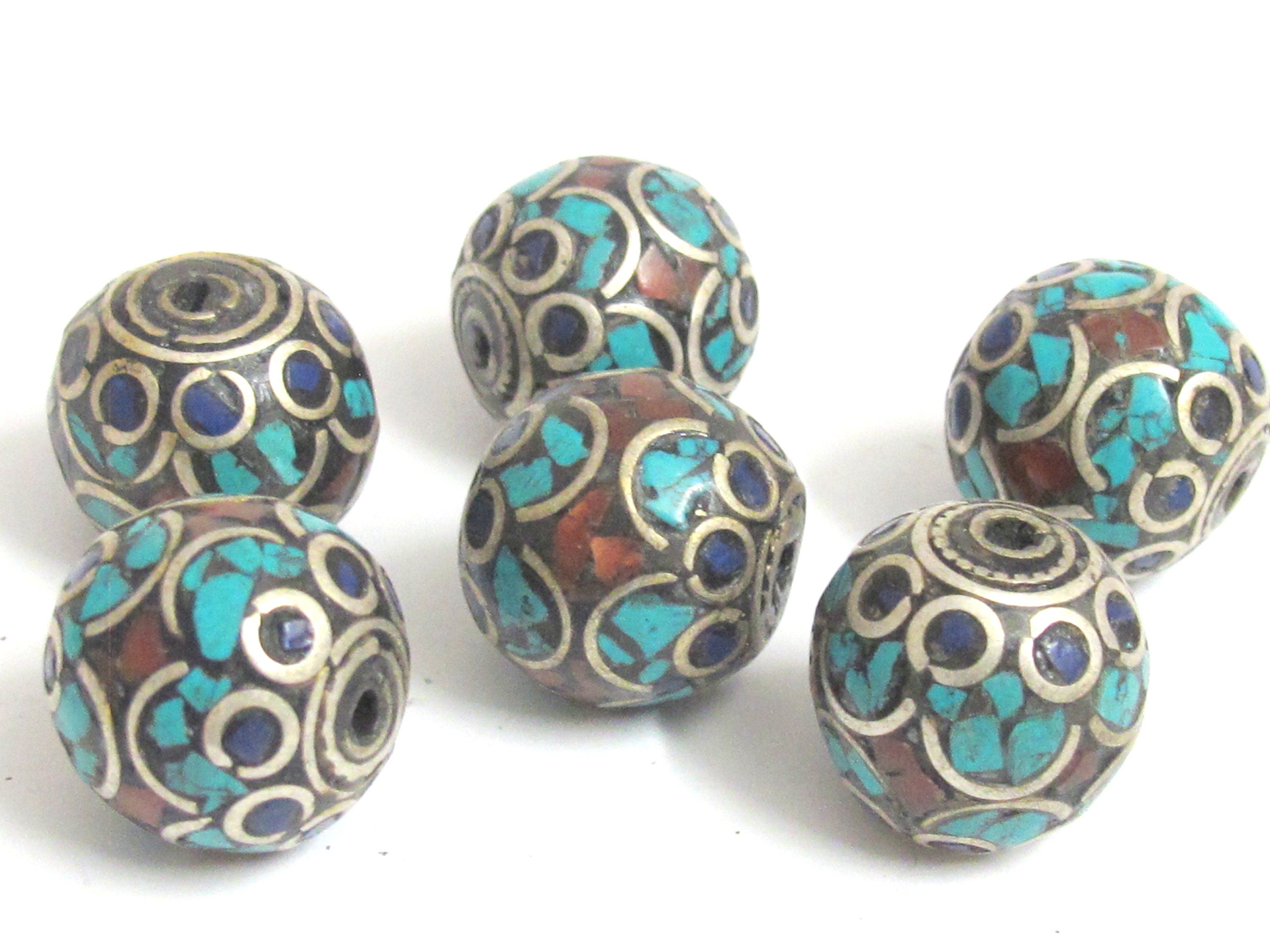 2 Beads - Large thick 20 mm oval ball shape Tibetan silver color turquoise lapis coral inlaid beads from Nepal - BD986