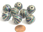 2 Beads -Tibetan beads nepal beads tibet beads Thick oval ball shape Tibetan silver color turquoise lapis inlaid beads from Nepal - BD987